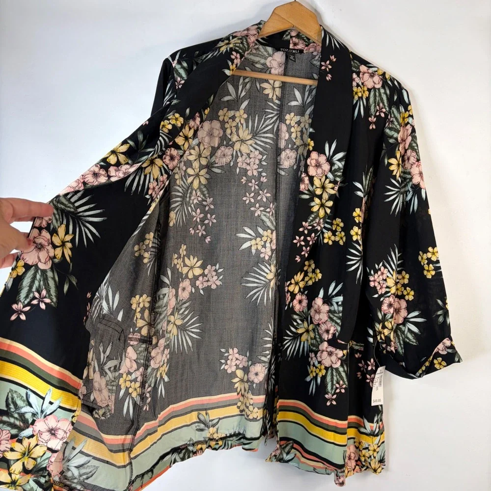 Roz & Ali Cardigan Women 2X Black Floral Tropical Open Front Pockets Rayon